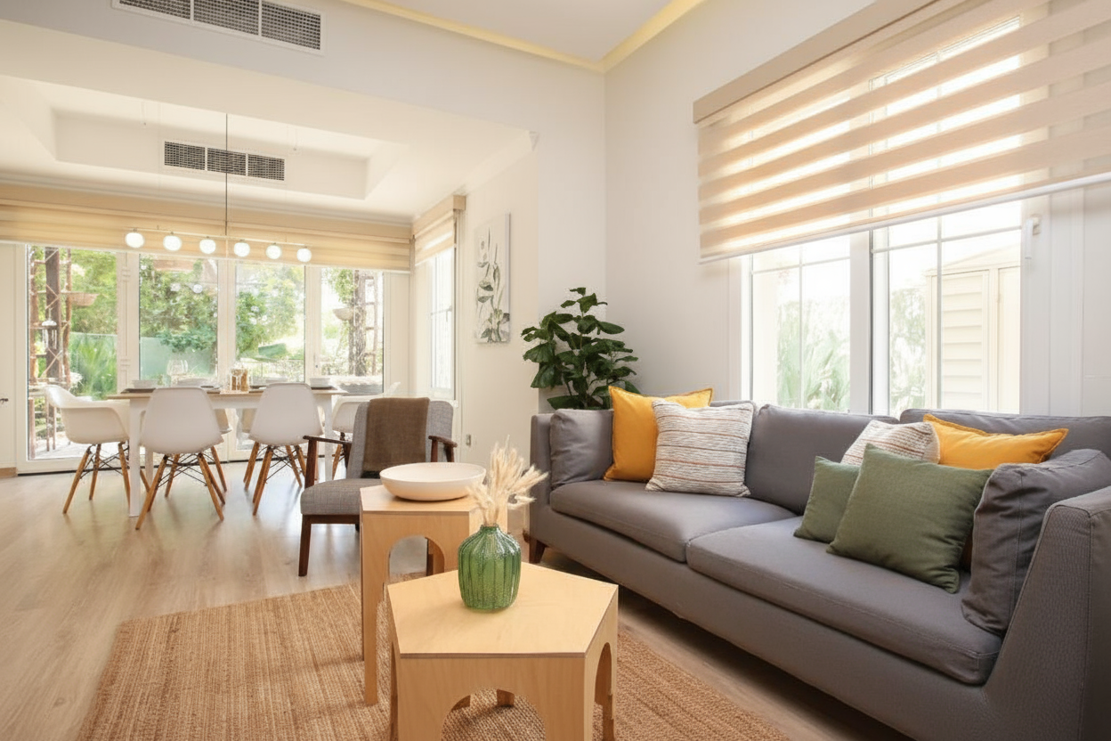 Modern villa living room with floor-to-ceiling windows — residential fit-out by HOX Interiors